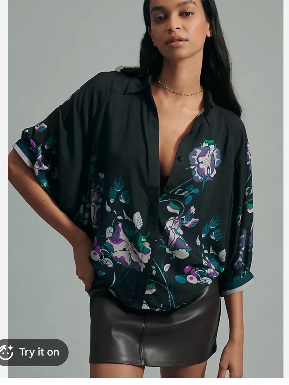 Anthropologie Black Floral Dolman Blouse with Purple & Teal Accents - Picture 2 of 4